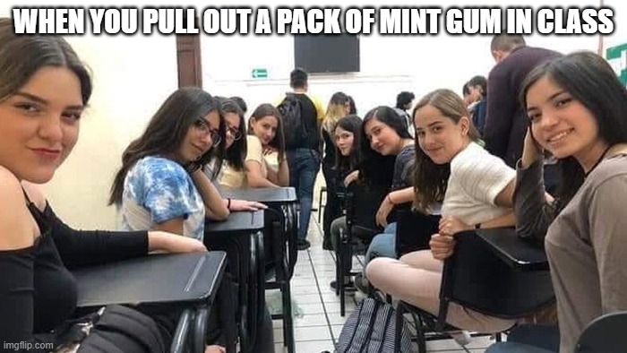 Everyone looking at you. | WHEN YOU PULL OUT A PACK OF MINT GUM IN CLASS | image tagged in everyone looking at you | made w/ Imgflip meme maker