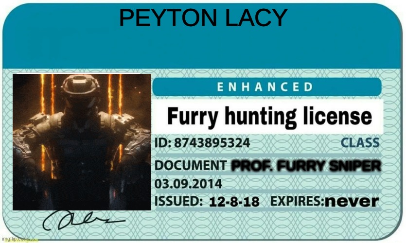 hehe | PEYTON LACY; PROF. FURRY SNIPER | image tagged in furry hunting license | made w/ Imgflip meme maker