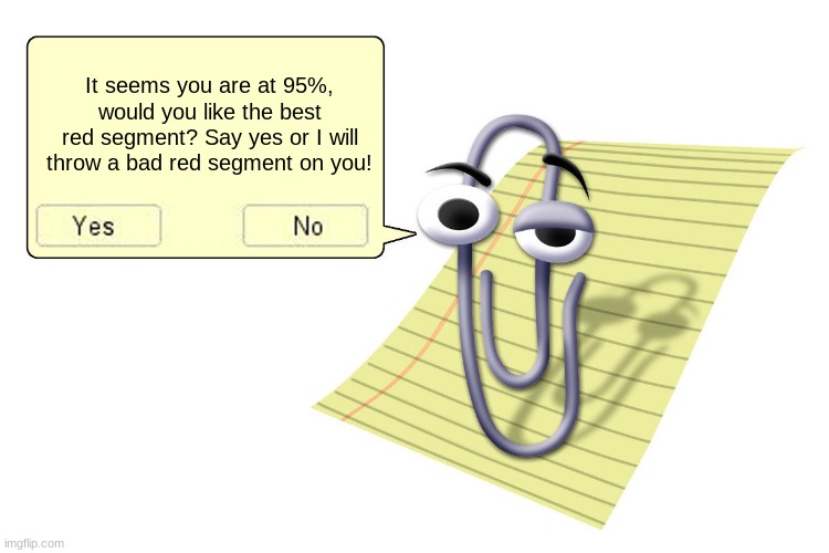 Clippy | It seems you are at 95%, would you like the best red segment? Say yes or I will throw a bad red segment on you! | image tagged in clippy | made w/ Imgflip meme maker