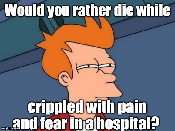 Fry is not sure... | Would you rather die while crippled with pain and fear in a hospital? | image tagged in fry is not sure | made w/ Imgflip meme maker