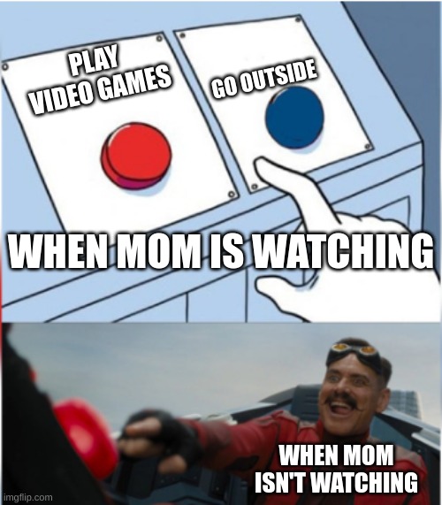 Robotnik Pressing Red Button | GO OUTSIDE; PLAY VIDEO GAMES; WHEN MOM IS WATCHING; WHEN MOM ISN'T WATCHING | image tagged in robotnik pressing red button | made w/ Imgflip meme maker