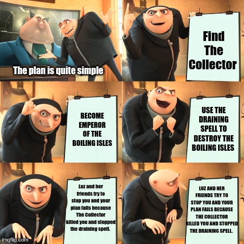 Gru's Plan | Find The Collector; The plan is quite simple; USE THE DRAINING SPELL TO DESTROY THE BOILING ISLES; BECOME EMPEROR OF THE BOILING ISLES; Luz and her friends try to stop you and your plan fails because The Collector killed you and stopped the draining spell. LUZ AND HER FRIENDS TRY TO STOP YOU AND YOUR PLAN FAILS BECAUSE THE COLLECTOR KILLED YOU AND STOPPED THE DRAINING SPELL. | image tagged in gru plan extended | made w/ Imgflip meme maker