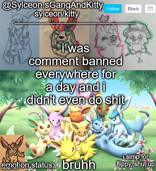 Sylceon.sGangAndKitty 2 | i was comment banned everywhere for a day and i didn't even do shit; bruhh | image tagged in sylceon sgangandkitty | made w/ Imgflip meme maker