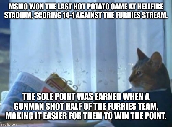 I Should Buy A Boat Cat | MSMG WON THE LAST HOT POTATO GAME AT HELLFIRE STADIUM, SCORING 14-1 AGAINST THE FURRIES STREAM. THE SOLE POINT WAS EARNED WHEN A GUNMAN SHOT HALF OF THE FURRIES TEAM, MAKING IT EASIER FOR THEM TO WIN THE POINT. | image tagged in memes,i should buy a boat cat | made w/ Imgflip meme maker