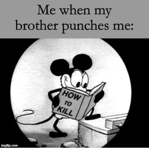 DIE I NEVER WANTED TO SHARE MY COOKIES >:( |  Me when my brother punches me: | image tagged in how to kill with mickey mouse,die | made w/ Imgflip meme maker