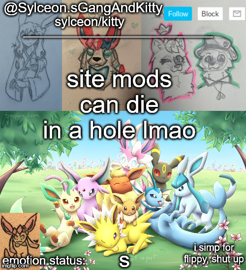 Sylceon.sGangAndKitty 2 | site mods can die in a hole lmao; s | image tagged in sylceon sgangandkitty | made w/ Imgflip meme maker
