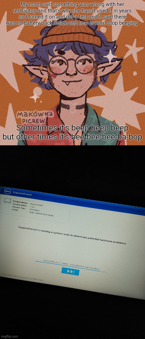 My mom said something was wrong with her red laptop and that's why she hasn't used it in years so I turned it on and did a test and it said there was no battery pack inside and now it won't stop beeping; Sometimes it's beep beep beep but other times it's bee-bee-bee-ba-bop | image tagged in cooper s i wish i looked like this picrew | made w/ Imgflip meme maker