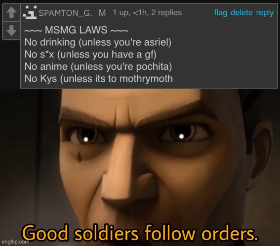 image tagged in good soldiers follow orders | made w/ Imgflip meme maker