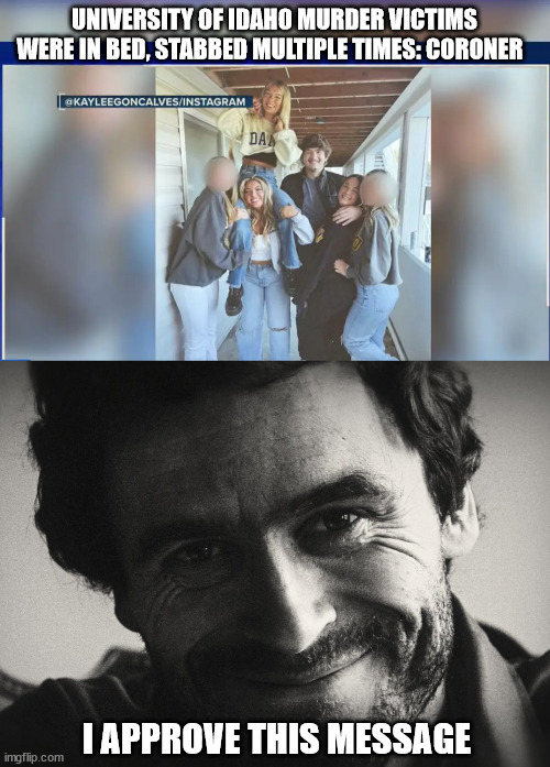 UNIVERSITY OF IDAHO MURDER VICTIMS WERE IN BED, STABBED MULTIPLE TIMES: CORONER; I APPROVE THIS MESSAGE | image tagged in ted bundy,idaho | made w/ Imgflip meme maker