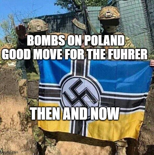 Azov Battalion NeoNazi bad guys with flag | BOMBS ON POLAND GOOD MOVE FOR THE FUHRER; THEN AND NOW | image tagged in azov battalion neonazi bad guys with flag | made w/ Imgflip meme maker