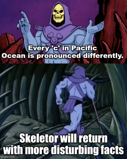 Useless Scary Fact | Every 'c' in Pacific Ocean is pronounced differently. Skeletor will return with more disturbing facts | image tagged in papyrus | made w/ Imgflip meme maker