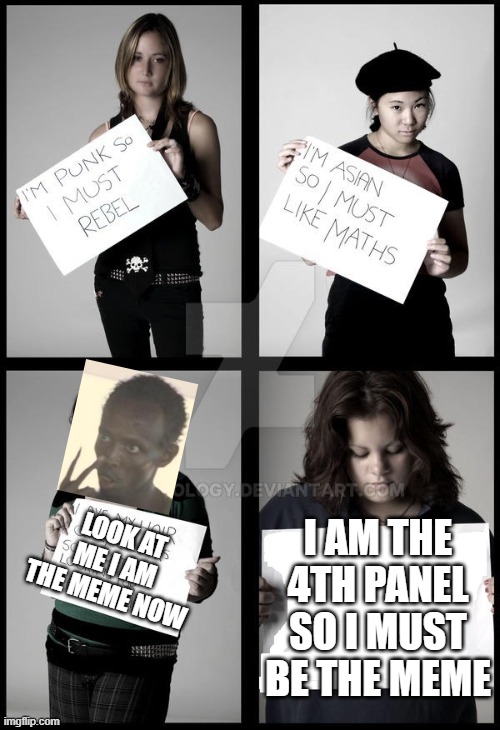 Stereotype Me |  LOOK AT ME I AM THE MEME NOW; I AM THE 4TH PANEL SO I MUST BE THE MEME | image tagged in stereotype me,memes,funny,i'm the captain now | made w/ Imgflip meme maker