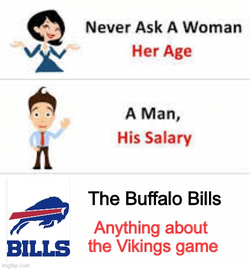 Snatched defeat from the jaws of victory | The Buffalo Bills; Anything about 
the Vikings game | image tagged in never ask a woman her age | made w/ Imgflip meme maker