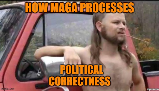 almost politically correct redneck | HOW MAGA PROCESSES POLITICAL CORRECTNESS | image tagged in almost politically correct redneck | made w/ Imgflip meme maker