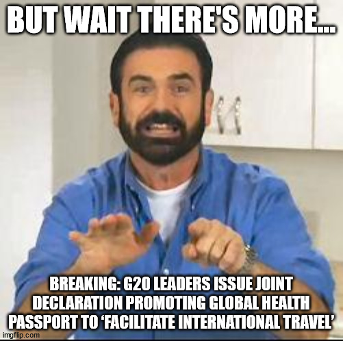 but wait there's more | BUT WAIT THERE'S MORE... BREAKING: G20 LEADERS ISSUE JOINT DECLARATION PROMOTING GLOBAL HEALTH PASSPORT TO ‘FACILITATE INTERNATIONAL TRAVEL’ | image tagged in but wait there's more | made w/ Imgflip meme maker