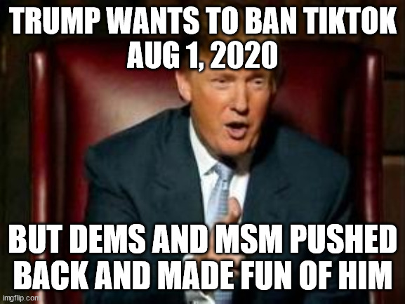 Donald Trump | TRUMP WANTS TO BAN TIKTOK

AUG 1, 2020; BUT DEMS AND MSM PUSHED BACK AND MADE FUN OF HIM | image tagged in donald trump,tic tok | made w/ Imgflip meme maker