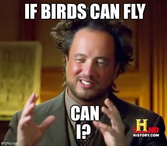 I wonder | IF BIRDS CAN FLY; CAN I? | image tagged in memes,ancient aliens | made w/ Imgflip meme maker