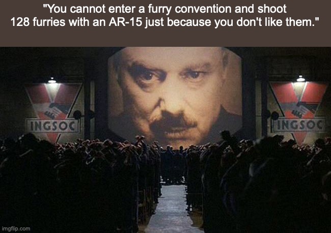 1984 | "You cannot enter a furry convention and shoot 128 furries with an AR-15 just because you don't like them." | image tagged in 1984 | made w/ Imgflip meme maker