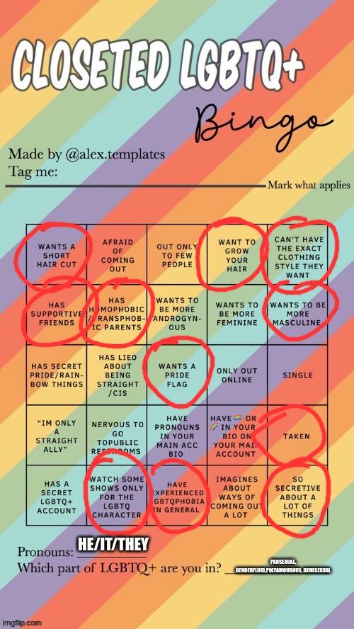 Closeted LGBTQ+ Bingo | HE/IT/THEY; PANSEXUAL, GENDERFLUID,POLYAMOUROUS, DEMISEXUAL | image tagged in closeted lgbtq bingo | made w/ Imgflip meme maker
