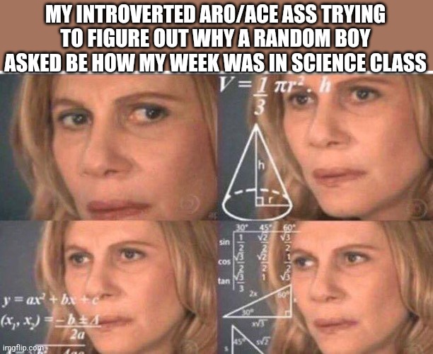 Math lady/Confused lady | MY INTROVERTED ARO/ACE ASS TRYING TO FIGURE OUT WHY A RANDOM BOY ASKED BE HOW MY WEEK WAS IN SCIENCE CLASS | image tagged in math lady/confused lady | made w/ Imgflip meme maker
