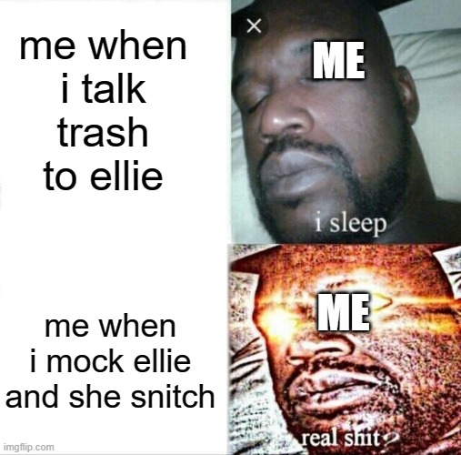 person that i hate sorry if you have the same name part 2 | me when i talk trash to ellie; ME; ME; me when i mock ellie and she snitch | image tagged in memes,sleeping shaq,ellie,mad,best meme | made w/ Imgflip meme maker