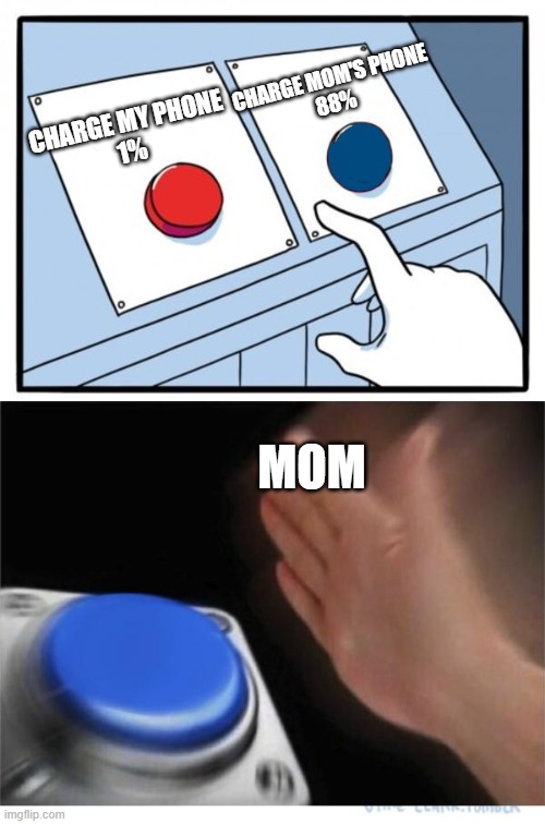 moms with the charger | CHARGE MOM'S PHONE
88%; CHARGE MY PHONE
1%; MOM | image tagged in two buttons 1 blue | made w/ Imgflip meme maker