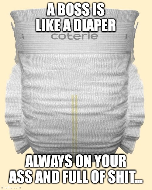 Boss | A BOSS IS LIKE A DIAPER; ALWAYS ON YOUR ASS AND FULL OF SHIT... | image tagged in scumbag boss | made w/ Imgflip meme maker