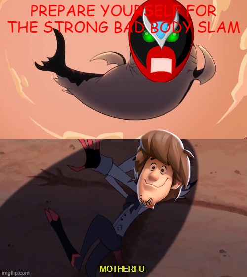 strong bad vs shaggy | PREPARE YOURSELF FOR THE STRONG BAD BODY SLAM | image tagged in moxxie vs shark,warner bros,strong bad | made w/ Imgflip meme maker