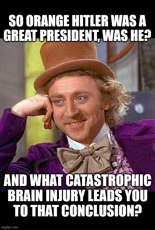If he was so great, why do so many people hate his guts? | SO ORANGE HITLER WAS A
GREAT PRESIDENT, WAS HE? AND WHAT CATASTROPHIC
BRAIN INJURY LEADS YOU
TO THAT CONCLUSION? | image tagged in memes,creepy condescending wonka | made w/ Imgflip meme maker