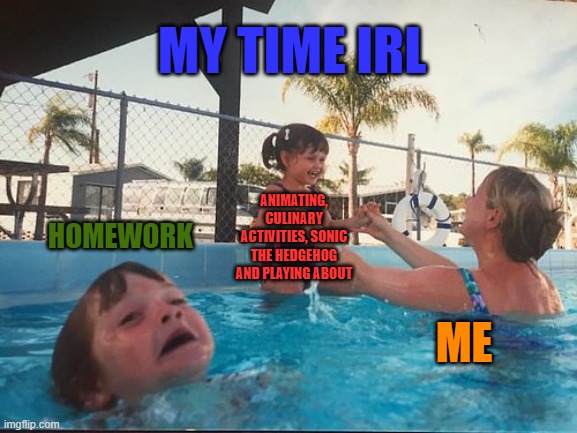 My time IRL | MY TIME IRL; ANIMATING, CULINARY ACTIVITIES, SONIC THE HEDGEHOG AND PLAYING ABOUT; HOMEWORK; ME | image tagged in drowning kid in the pool | made w/ Imgflip meme maker