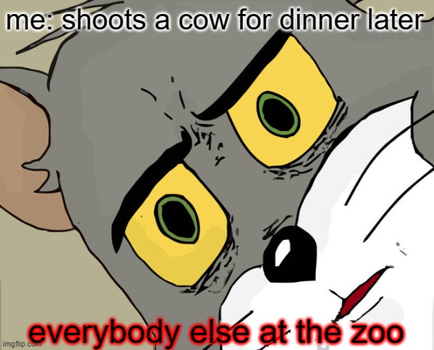 Unsettled Tom | me: shoots a cow for dinner later; everybody else at the zoo | image tagged in memes,unsettled tom | made w/ Imgflip meme maker