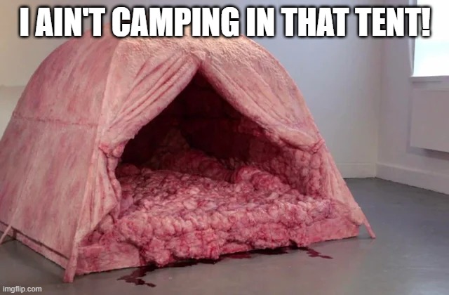 Bloody | I AIN'T CAMPING IN THAT TENT! | image tagged in unsee juice | made w/ Imgflip meme maker