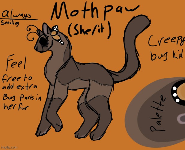 Ref sheet for Mothpaw, my Warriors oc | made w/ Imgflip meme maker