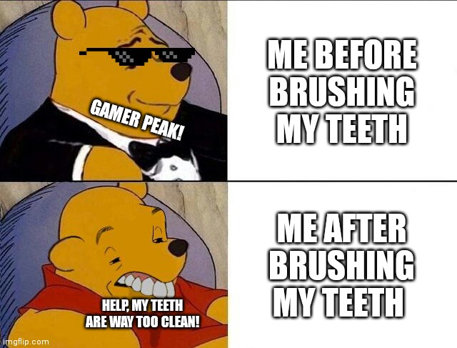 The text matches with the whole meme! | ME BEFORE BRUSHING MY TEETH; GAMER PEAK! ME AFTER BRUSHING MY TEETH; HELP, MY TEETH ARE WAY TOO CLEAN! | image tagged in tuxedo winnie the pooh grossed reverse,memes | made w/ Imgflip meme maker