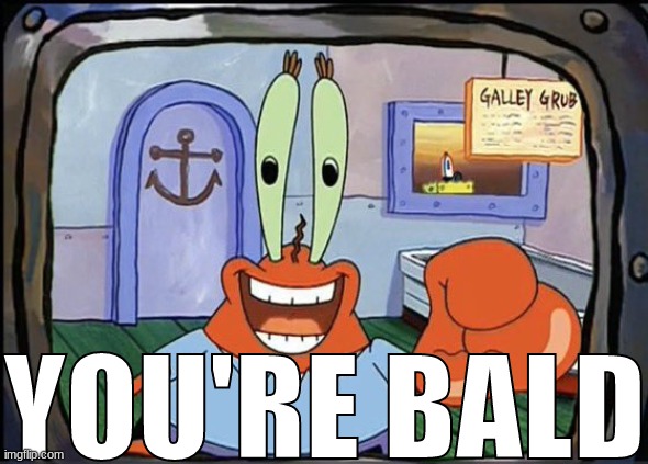 Mr Krabs pointing at You | YOU'RE BALD | image tagged in mr krabs pointing at you | made w/ Imgflip meme maker