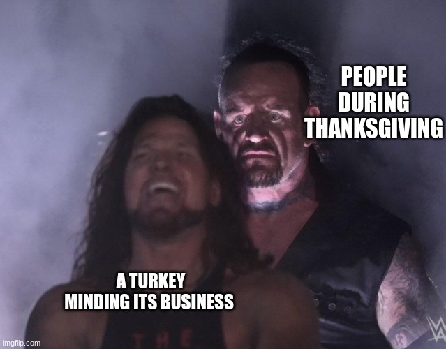 you won't goble-goble anymore | PEOPLE DURING THANKSGIVING; A TURKEY MINDING ITS BUSINESS | image tagged in undertaker,thanksgiving,turkey day,turkey | made w/ Imgflip meme maker