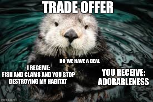 heres a trade offer | TRADE OFFER; DO WE HAVE A DEAL; I RECEIVE:
FISH AND CLAMS AND YOU STOP DESTROYING MY HABITAT; YOU RECEIVE:
ADORABLENESS | image tagged in trade offer | made w/ Imgflip meme maker