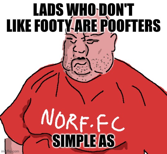 Big Steve said it | LADS WHO DON'T LIKE FOOTY ARE POOFTERS; SIMPLE AS | image tagged in norf fc,memes,football | made w/ Imgflip meme maker