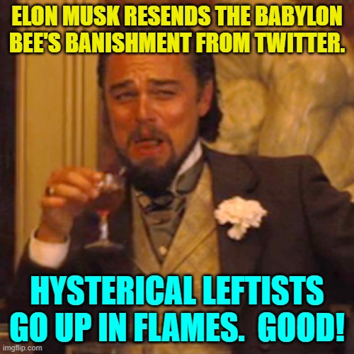 Their exclusive little propaganda house of leftist cards is coming to an end. | ELON MUSK RESENDS THE BABYLON BEE'S BANISHMENT FROM TWITTER. HYSTERICAL LEFTISTS GO UP IN FLAMES.  GOOD! | image tagged in laughing leo | made w/ Imgflip meme maker