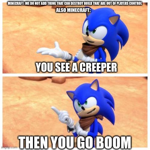 Sonic boom | MINECRAFT: WE DO NOT ADD THING THAT CAN DESTROY BUILD THAT ARE OUT OF PLAYERS CONTROL; ALSO MINECRAFT:; YOU SEE A CREEPER; THEN YOU GO BOOM | image tagged in sonic boom | made w/ Imgflip meme maker