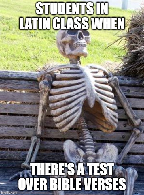 Waiting Skeleton | STUDENTS IN LATIN CLASS WHEN; THERE'S A TEST OVER BIBLE VERSES | image tagged in memes,waiting skeleton | made w/ Imgflip meme maker