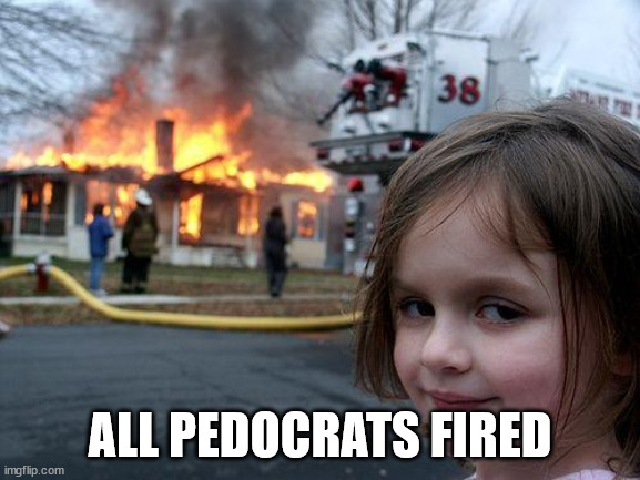 Disaster Girl Meme | ALL PEDOCRATS FIRED | image tagged in memes,disaster girl | made w/ Imgflip meme maker