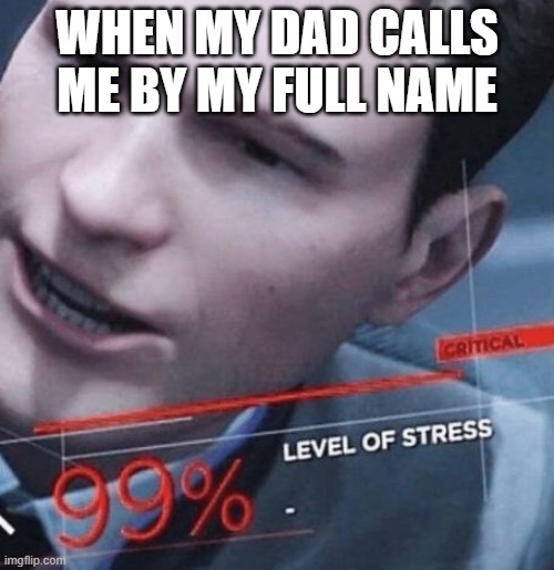 I'm in trouble | WHEN MY DAD CALLS ME BY MY FULL NAME | image tagged in level of stress,funny,funny memes,memes | made w/ Imgflip meme maker