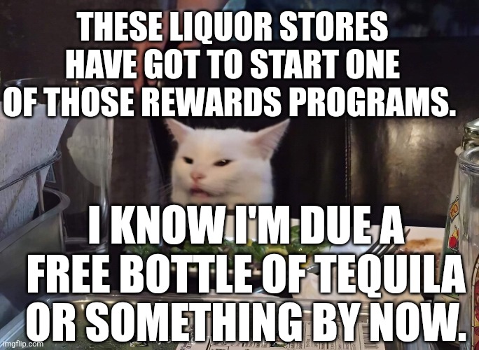 THESE LIQUOR STORES HAVE GOT TO START ONE OF THOSE REWARDS PROGRAMS. I KNOW I'M DUE A FREE BOTTLE OF TEQUILA OR SOMETHING BY NOW. | image tagged in smudge the cat | made w/ Imgflip meme maker