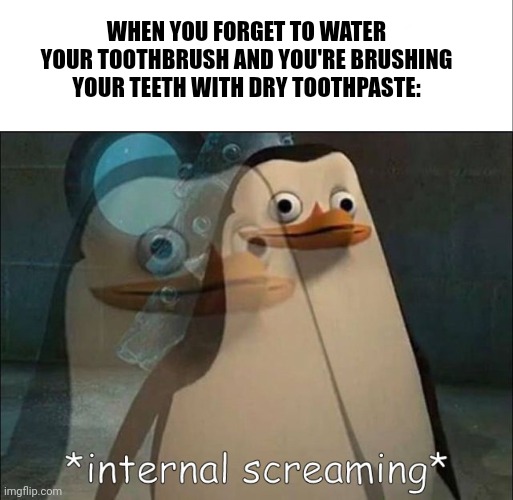 Yes, my toothbrush has to be wet for me to actually brush my teeth | WHEN YOU FORGET TO WATER YOUR TOOTHBRUSH AND YOU'RE BRUSHING YOUR TEETH WITH DRY TOOTHPASTE: | image tagged in white bar,private internal screaming | made w/ Imgflip meme maker