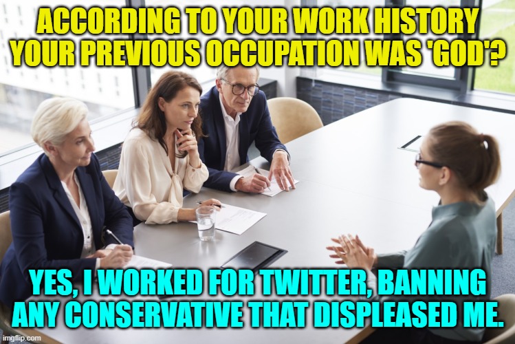 It's suddenly become a tough job market for everyone. | ACCORDING TO YOUR WORK HISTORY YOUR PREVIOUS OCCUPATION WAS 'GOD'? YES, I WORKED FOR TWITTER, BANNING ANY CONSERVATIVE THAT DISPLEASED ME. | image tagged in job seeking | made w/ Imgflip meme maker