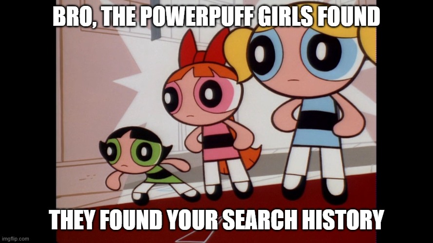 Powerpuff girls wat... | BRO, THE POWERPUFF GIRLS FOUND; THEY FOUND YOUR SEARCH HISTORY | image tagged in powerpuff girls wat | made w/ Imgflip meme maker