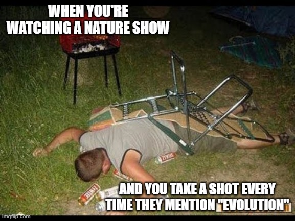 Pass Out Drunk | WHEN YOU'RE WATCHING A NATURE SHOW; AND YOU TAKE A SHOT EVERY TIME THEY MENTION "EVOLUTION" | image tagged in pass out drunk,evolution,nature,funny,alcohol | made w/ Imgflip meme maker