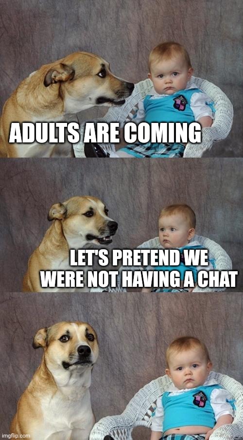 Dad Joke Dog | ADULTS ARE COMING; LET'S PRETEND WE WERE NOT HAVING A CHAT | image tagged in memes,dad joke dog | made w/ Imgflip meme maker