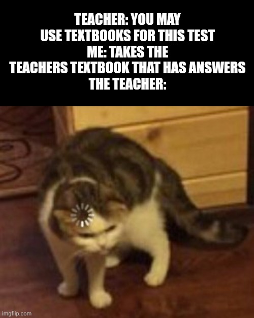 Meme #202 | TEACHER: YOU MAY USE TEXTBOOKS FOR THIS TEST
ME: TAKES THE TEACHERS TEXTBOOK THAT HAS ANSWERS
THE TEACHER: | image tagged in loading cat,cats,school,teacher,hold up,memes | made w/ Imgflip meme maker